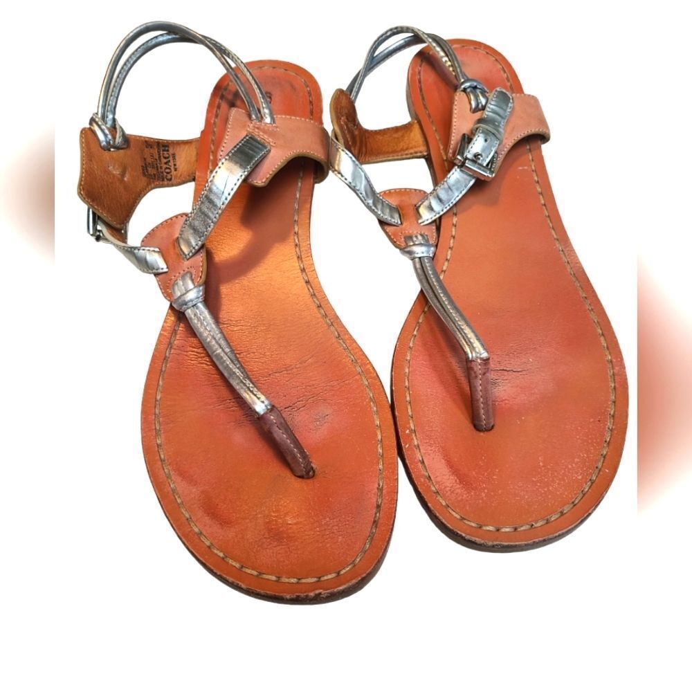 Coach Sandals Silver Lamé‎ Light Tan Sole Size 10B